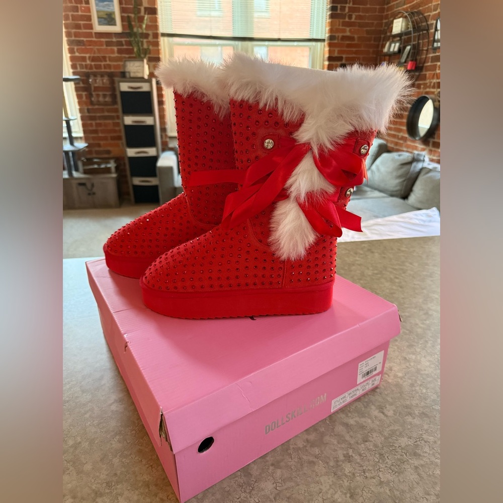 New DollsKill Rhinestone Red Faux Fur Boots with Ribbon
